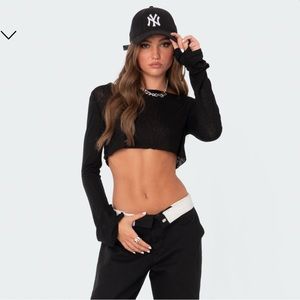 Edikted Sheer Raw Hem Crop Long Sleeve Top